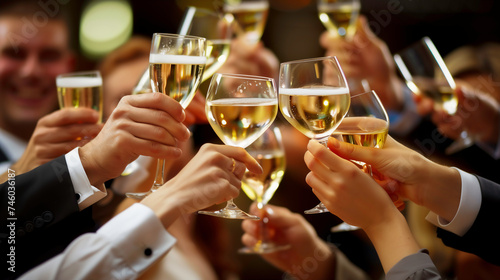 Close-up of business team holding champagne glasses and raising glasses in a toast for celebrate the team's business success with an atmosphere of happiness and joy.