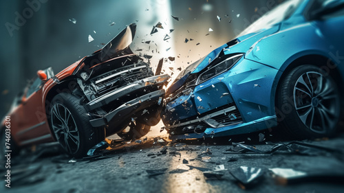 Car accident of two cars, collision of cars. Car accident on the street, damaged cars after collision.
