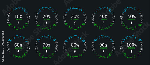 Battery charging indicator in circle with 10% 20% 30% 40% 50% 70% 90% and 100% vector icon set for mobile interface design on dark background. Battery indicator symbols. 10-100 percent.