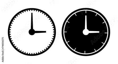 Clock icon set in black and white color. Pair of two analog clock on white background. photo