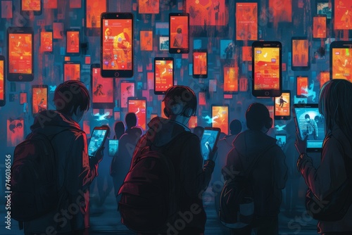Futuristic digital painting depicting a crowd of people absorbed in their smartphones, surrounded by a multitude of glowing screens in a dark space