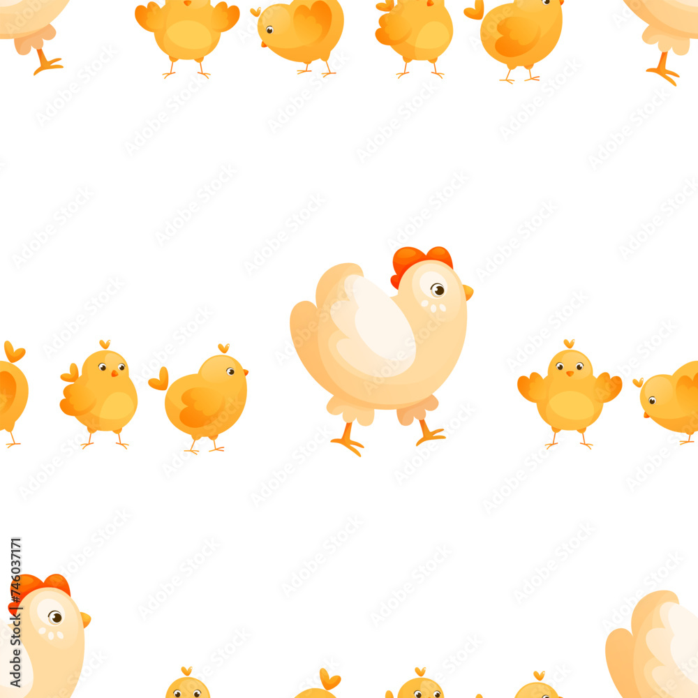 Seamless pattern with hen and chicks on a walk. The hen and the chickens follow her, dear family. Poultry farm, Easter chickens. Poultry with a brood. Textile design, packaging Seamless pattern with hen and chicks on a walk. The hen and the chickens follow her, dear family. Poultry farm, Easter chickens. Poultry with a brood. Textile design, packaging
