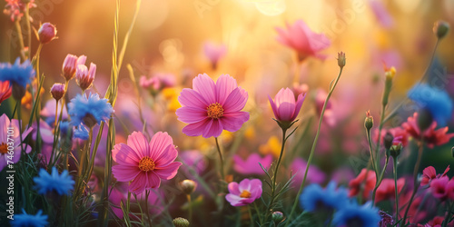 A vibrant field of multicolored flowers bathed in golden sunlight, showcasing nature's beauty