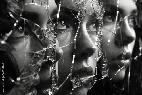 Black and white image of multiple reflections of a face seen through cracked glass, creating a complex and distorted mosaic photo