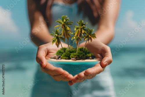 Women's hands hold a tropical island with palm trees and the sea. Vacation and travel concept © Marina