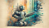 Nostalgic industrial robots in tranquil chromatics with digital disintegration.