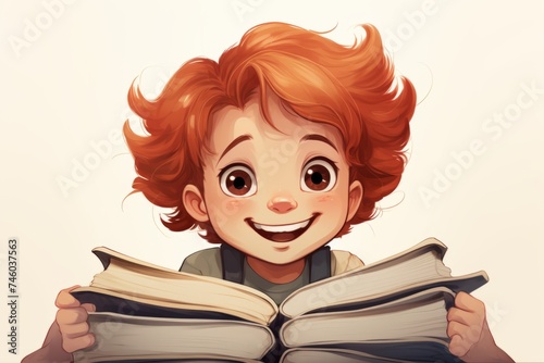 red-haired  boy in glasses reads a book. Watercolor drawing. Copy space. Book Day, Education, Knowledge, School
