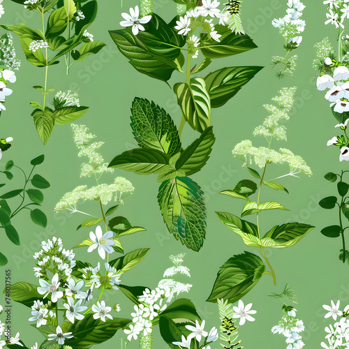 seamless vector illustration of green herbs like peppermint and white flowers on baby green background © john