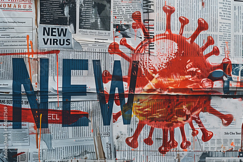 Pandemic headlines on newsprint with red virus illustration