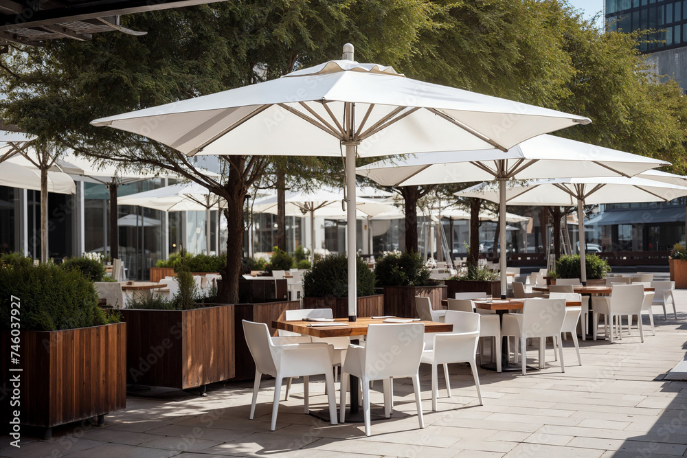 Outdoor Cafe Patio with White Umbrellas and Wooden Tables