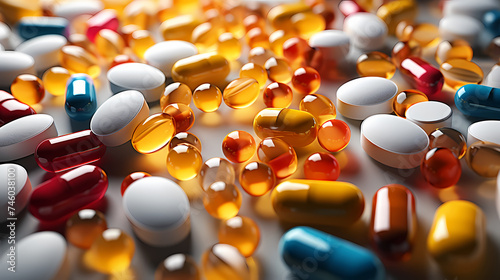 Many capsules of different sizes and colors, immune system enhancement, medical background, health background