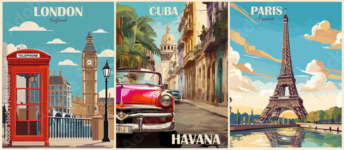 Set of Travel Destination Posters in retro style. London, England, Cuba, Havana, Paris, France prints. European summer vacation, International holidays concept. Vintage vector colorful illustrations.