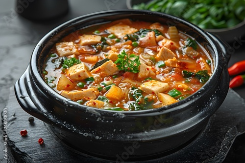 Budae Jjigae on a black background top view Korean Cuisine. Concept Food Photography, Korean Cuisine, Top-down Shot, Black Background