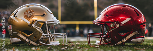 two clean football helmets facing each other photo