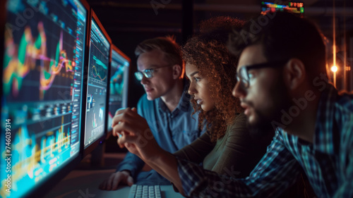 A modern digital workplace with computer screens and a team of young programmers collaborating.