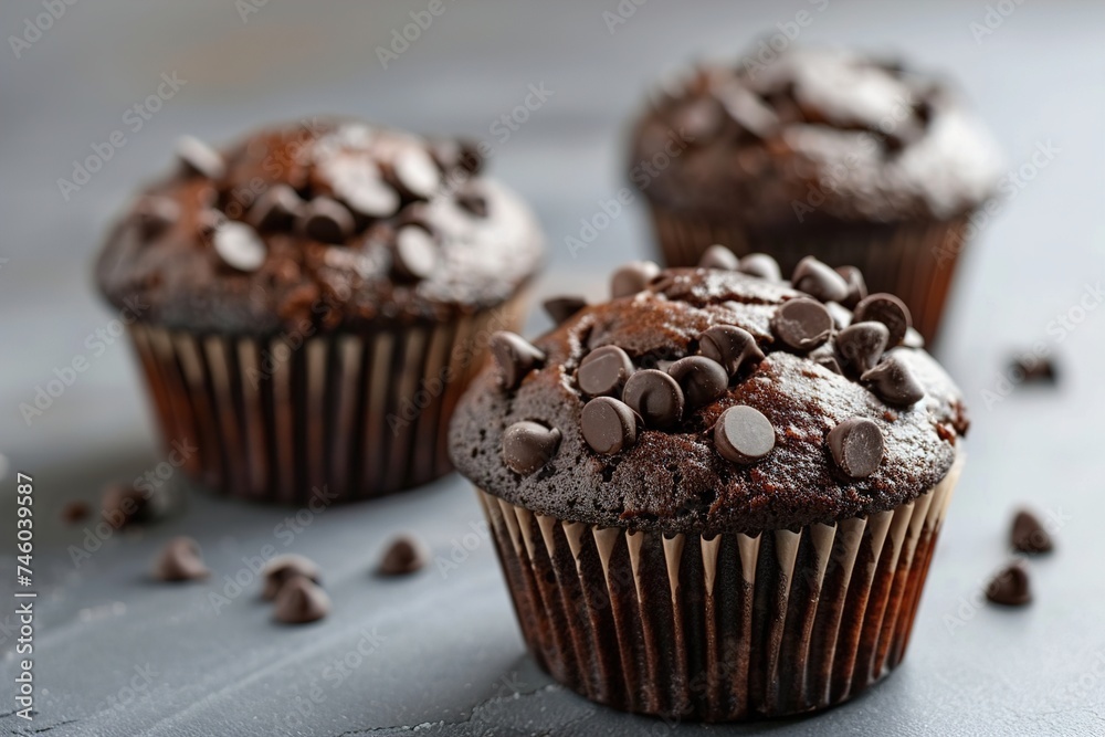Fresh chocolate Muffins with a mug of tea on grey table. Image for Cafe and Restaurant Menus Fresh chocolate Muffins with a mug of tea on grey table. Image for Cafe and Restaurant Menus