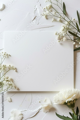 mock up image of paper and flowers on white background, in the style of brown and bronze, minimalist canvases, white and brown, top view