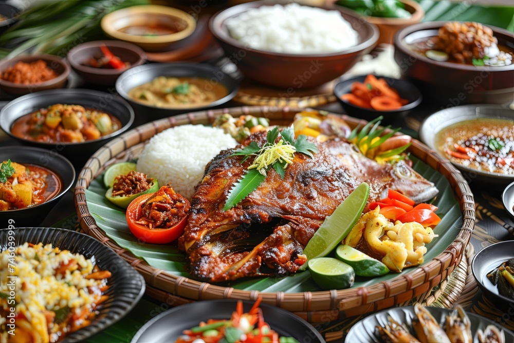sweet fried fish, rice and fresh vegetables, makanan buka puasa
