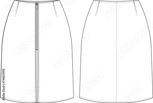 zippered with slits darted a line short skirt template technical drawing flat sketch cad mockup fashion woman design style model
