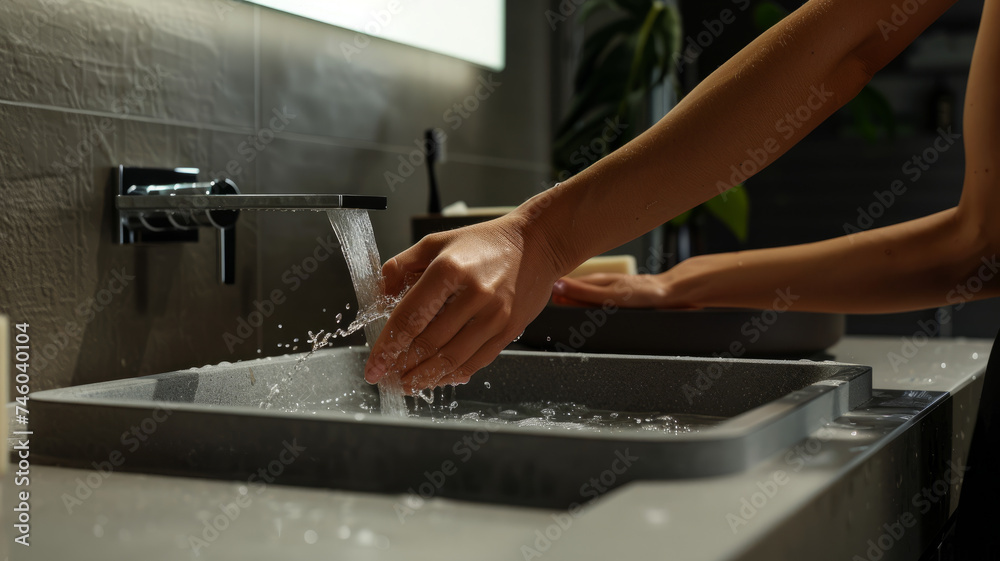 A woman washing hands in bathroom.