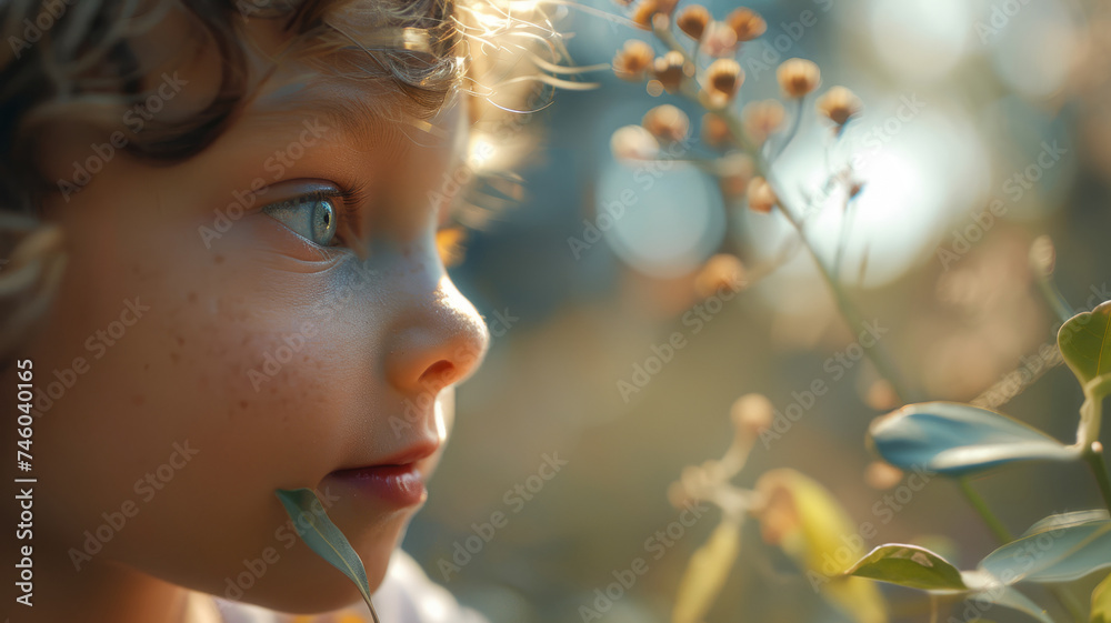 Fototapeta premium A sad young boy sitting alone in nature.