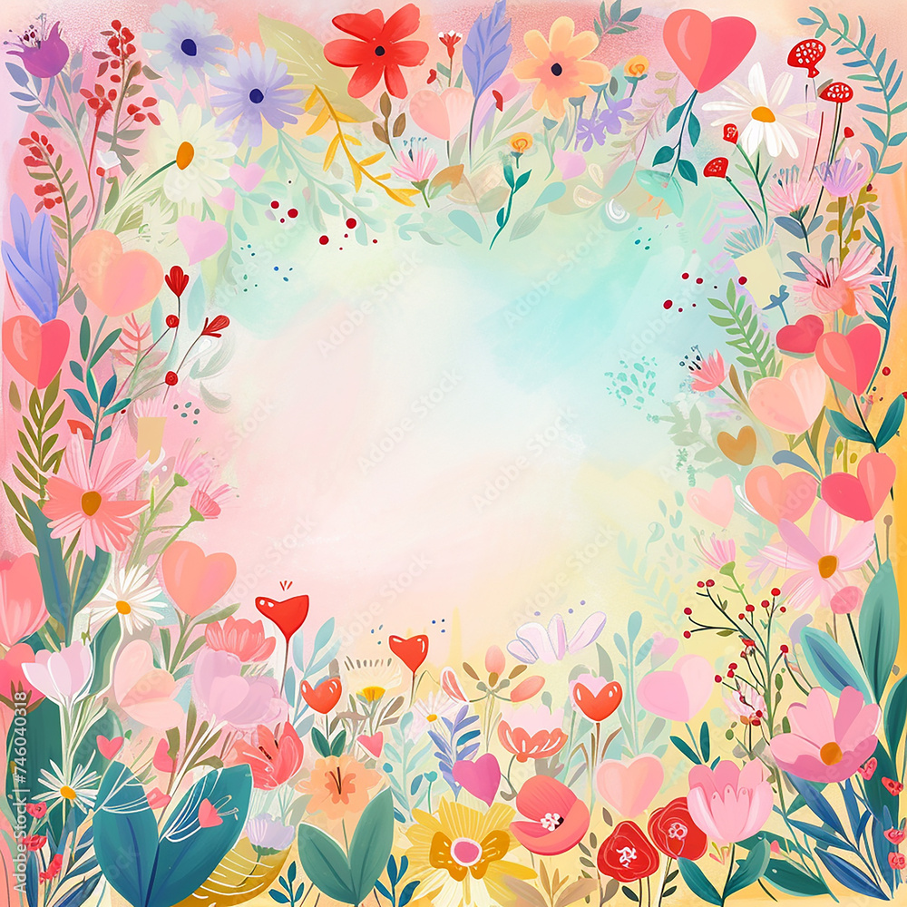 Elegant book cover for Valentine's Day in the form of a frame of petals and flowers in bright colors. Square frame Elegant book cover for Valentine's Day in the form of a frame of petals and flowers in bright colors. Square frame