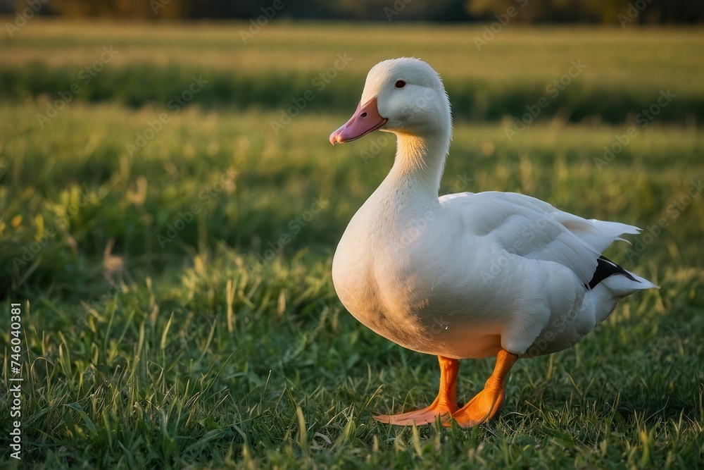 a white duck standing in a field