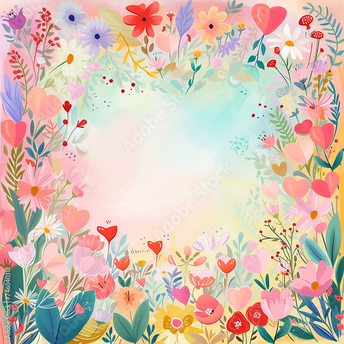 Elegant book cover for Valentine s Day in the form of a frame of petals and flowers in bright colors. Square frame