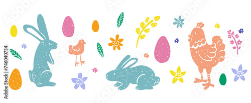 Easter colourful illustration with rabbits, chickens, eggs, and flowers on white background. Hand-drawn children style characters. Pastel colours spring elements. 