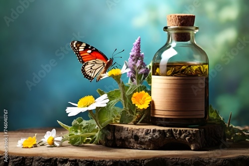 Close up of a glass bottle of organic herbal extract on tree stump in nature background with butterlies, wild plants and flowers. Natural ingredients in cosmetics, medicine. Serum for skin, hair care.