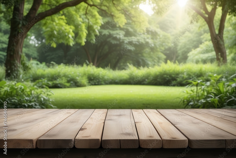 Empty wooden table outdoors green park nature background product display template Empty wooden table outdoors green park nature background product display template