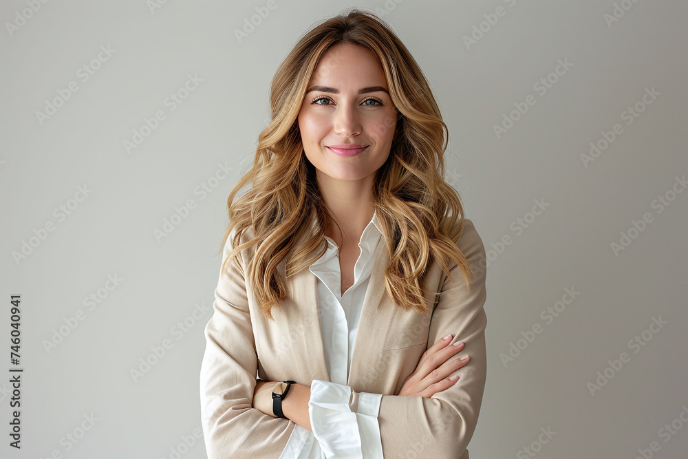 Smiling Businesswoman, Blonde Hair, Beige Blazer, Professional Portrait, Neutral Background, Arms Crossed, Confident