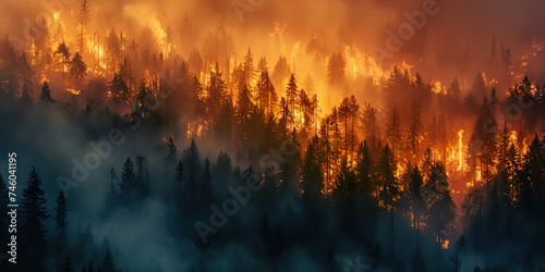 Forest fire in the mountains. Wildfire burns photo