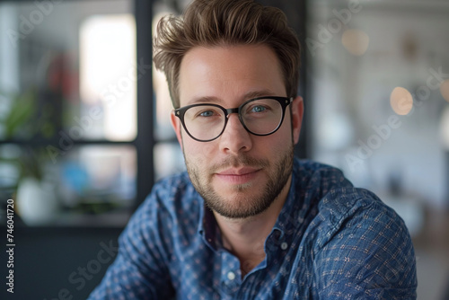 Focused young man with glasses in a casual blue shirt. Soft-focus office background. Modern professional lifestyle concept. Design for poster, banner, and corporate materials