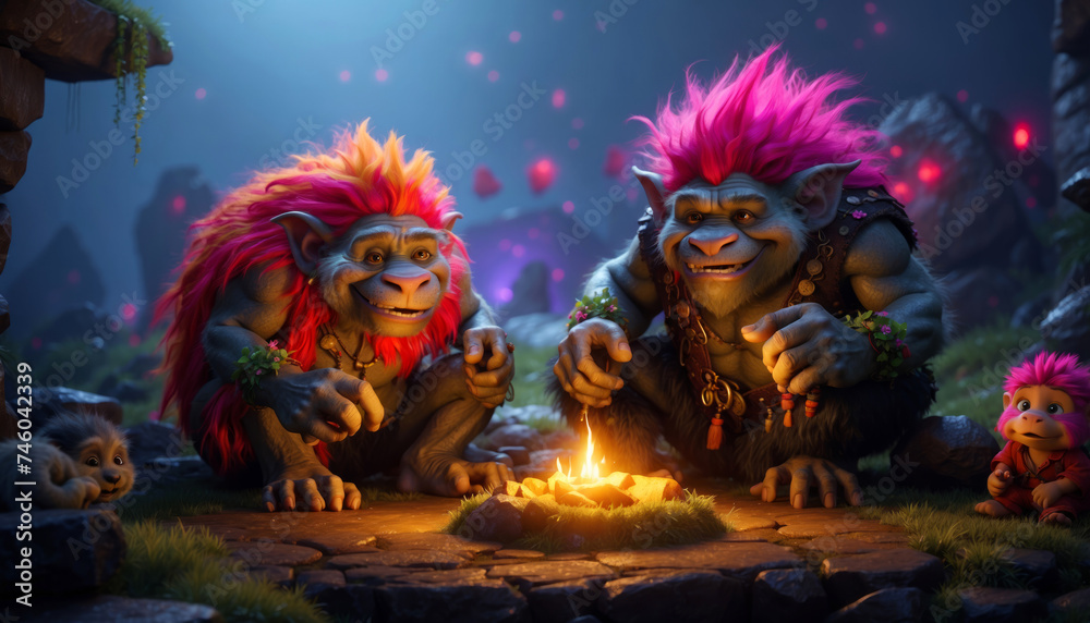Three trolls are sitting around a campfire - obrazy, fototapety, plakaty 