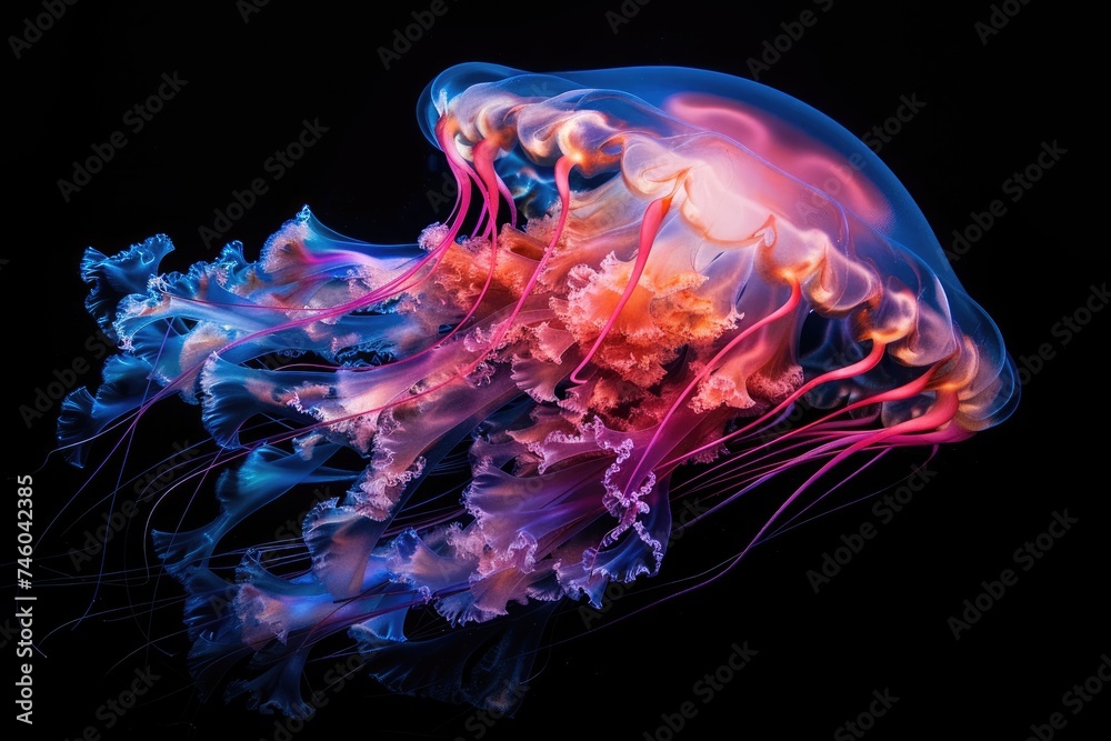 Fototapeta premium A jellyfish overlaid with underwater bioluminescent organisms in a double exposure