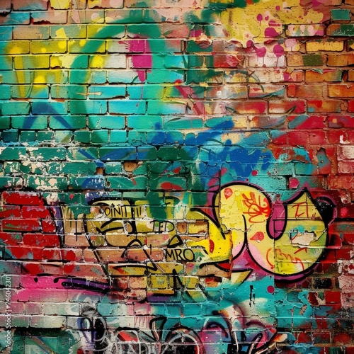 a colorful brick wall with graffiti