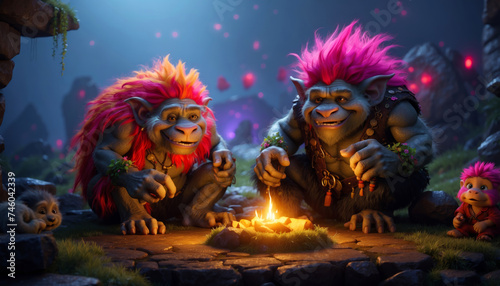 Three trolls are sitting around a campfire
