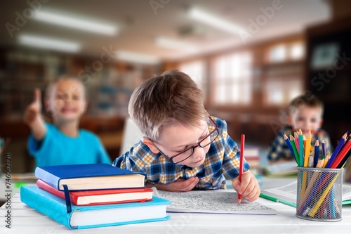 Fototapete School children writing learning in class