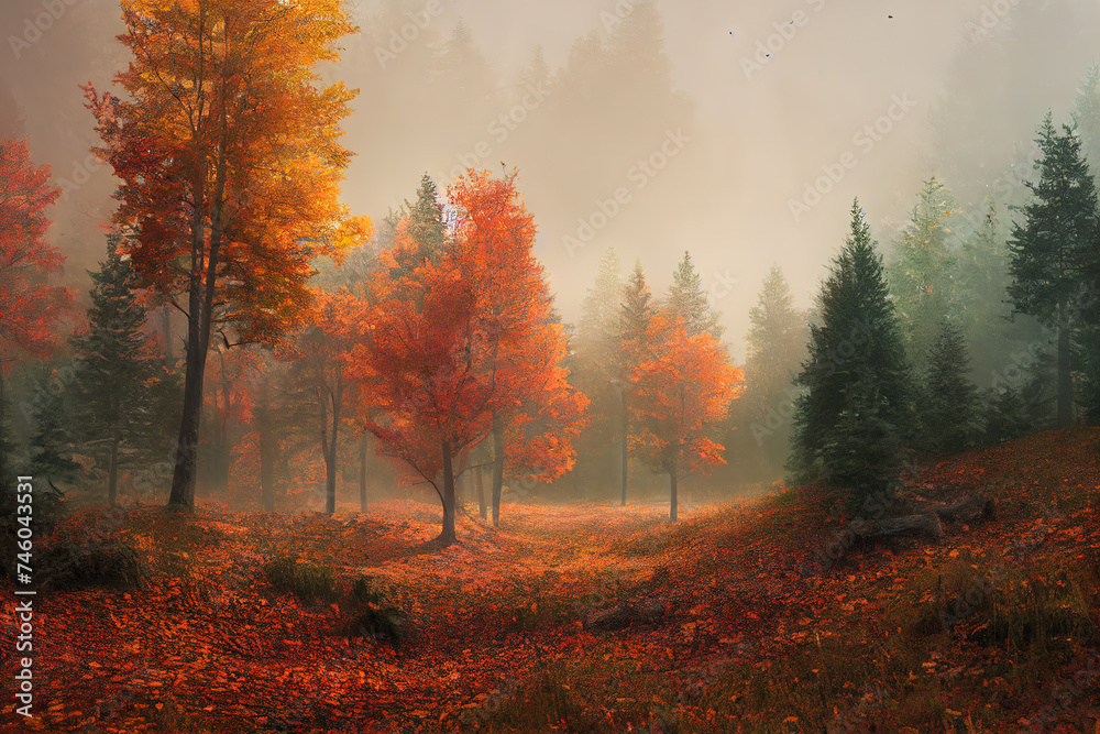Morning autumn forest. AI generated.