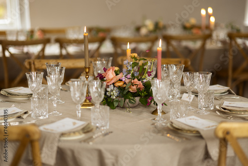 Wedding table setting in a vintage building.