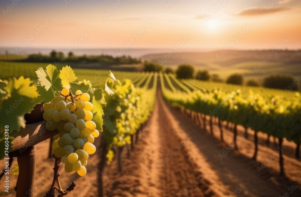 grape plantation to the horizon, summer vineyard, harvesting, wine production, sunny day, beautiful sunset light