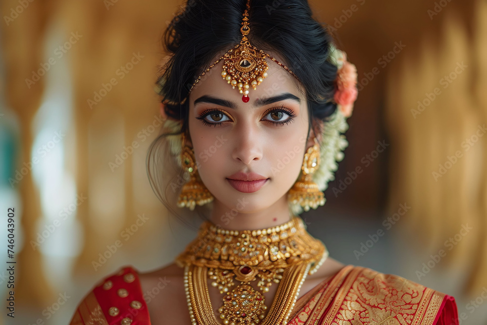 Woman adorned in traditional Indian bridal attire and jewelry. Elegant cultural wedding portrait with a soft-focus background for design and print. Indian wedding concept. Woman adorned in traditional Indian bridal attire and jewelry. Elegant cultural wedding portrait with a soft-focus background for design and print. Indian wedding concept.