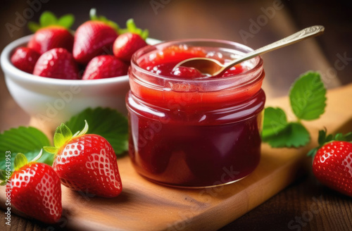Wallpaper Mural Homemade jam with strawberries, sweet dessert made from fresh berries, a jar of strawberry jam, berry marmalade, homemade autumn preparations Torontodigital.ca