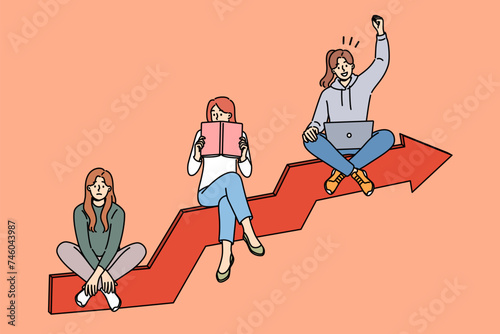 Personal development of woman getting good internet job by reading books, sitting on growing graph. Personal development of person spending free time on education and gaining new knowledge