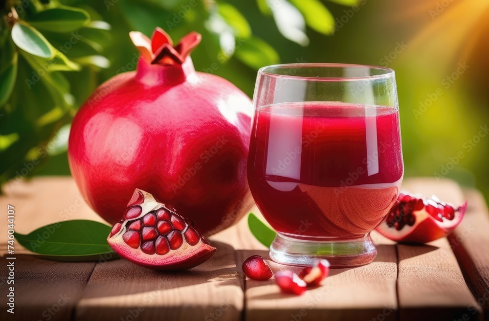 a glass of freshly squeezed pomegranate juice on a wooden table, fruit juice, pomegranate garden on the background, branches of pomegranate trees, sunny day a glass of freshly squeezed pomegranate juice on a wooden table, fruit juice, pomegranate garden on the background, branches of pomegranate trees, sunny day