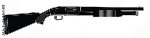 Vector illustration of the most famous, traditional, pump-action shotgun on a white background. Black. Right side.