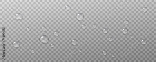 Realistic vector water drops png on a transparent light background. Water condensation on the surface with light reflection and realistic shadow. 3d vector illustration