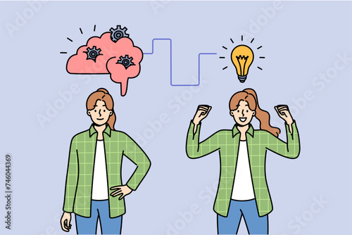 Woman is developing production plan and rejoices having come up with new idea, standing near light bulb and brain with gears. Girl in casual clothes comes up with idea to find profitable job.