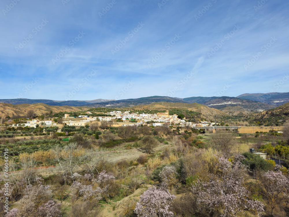 View of Cherin (Ugijar) with Sierra Nevada in the background in the Alpujarra of Granada
